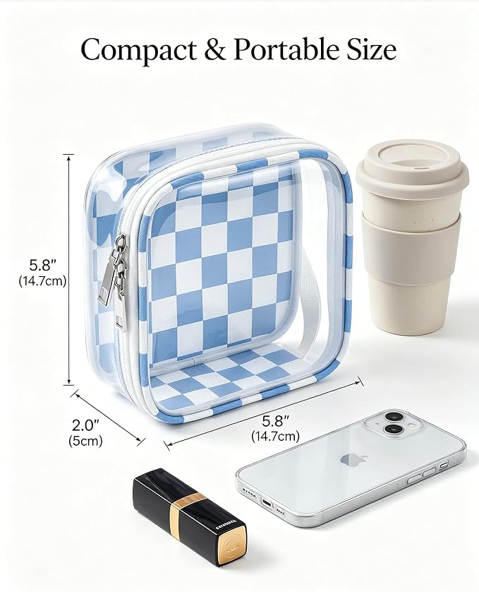 Preppy Clear Makeup Bag Travel Cosmetic Case Transparent Blue and Beige Checkered Mini Toiletry Bag,Portable Make Up Organizer Traveling Compact Car Accessories And Organization