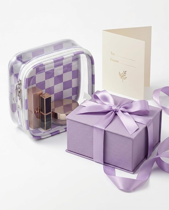 Preppy Cute Makeup Bag Travel Cosmetic Case Transparent Purple and Beige Checkered Toiletry Bag with Strap,Portable Make Up Organizer Traveling Compact Car Accessories for Girls