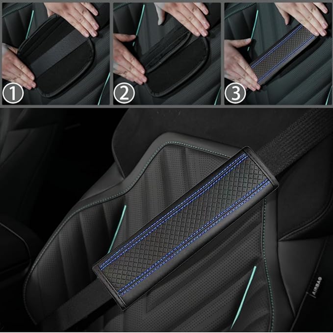 6 PCS Car Steering Wheel Cover Set, Microfiber Leather Steering Wheel Covers Universal 14.5-15 inch, Center Console Cover, Seat Belt Cushion, Cup Holder Coaster, Car Accessories Set Blue