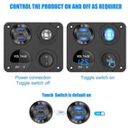 12 Volt USB Outlet RV Accessory 12V Marine Switch Panel, Dual PD30W and QC18W Car USB Port Aluminum Charger, Lighted 150W Cigarette Lighter Socket, Blue LED Voltmeter and Rocker Switch, 4 IN 1 DIY Kit