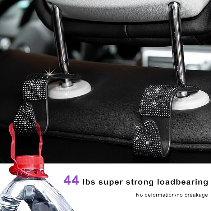 4 PCS Car Seat Headrest Hooks, Bling Crystal Rhinestone Back Seat Hanger Storage Organizer, Sparkly Seatback Holder Hooks for Purse and Bags Universal For Most Vehicles (Black)