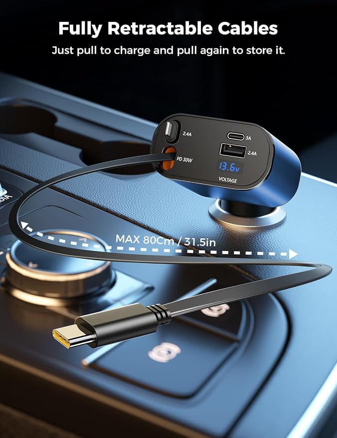 【Upgraded】 Retractable Car Charger 4 in 1, Fast Car Phone Charger with Cord 2.6ft, USB C and Apple Car Charger Adapter, Compatible with iPhone 17/16/15/15 Pro Max/14/13/12/11, Galaxy, Pixel