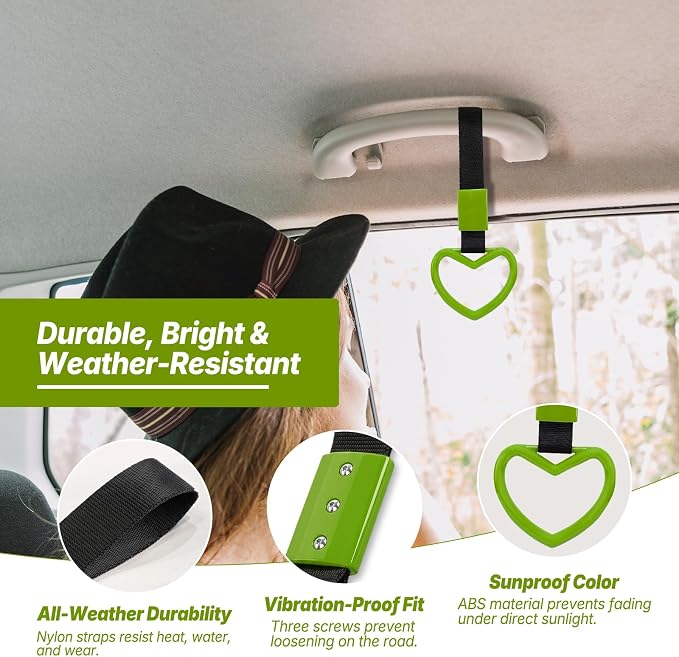 2 Pcs Heart Shaped Car Handle Strap – JD M Drift Charm Rear Bumper Warning Ring Decor for Car Interior Exterior, Subway Bus Handle Accessory, Cute Heart Car Decor Gift for Drivers (Green)