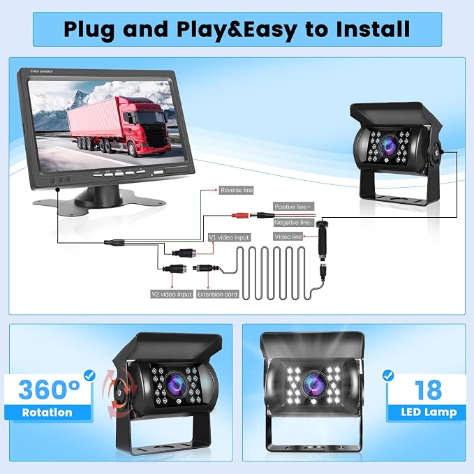 Vehicle Backup Camera 7" Monitor Kit | 18 IR Night Vision, Waterproof Rear View Camera, For RVs, Bus, Trailer, Truck, 65ft 4 Pins Aviation Extension Cable