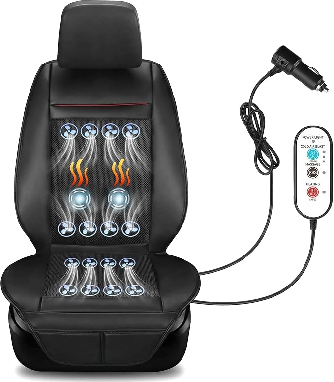 3-in-1 Cooling Car Seat Cushion with Ventilated Fans & Massage, Breathable Front Seat Cooling Seat Cover, 12V Universal Car Seat Cover for Cars, SUVs, Trucks (Black-3)