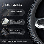 Coverado Car Steering Wheel Cover, Nappa Leather Black & Grayline Steering Wheel Covers, Universal 14-15 inch, Anti-Slip, Breathable Steering Wheel Protector for Women Men