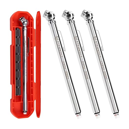 Pencil Tire Pressure Gauge 3 Pack (10-50PSI, 10-85PSI, 20-120PSI) with 24 Tire Caps, Calibrated to ANSI B40.1 Grade B(2%), Stainless Steel Body, for Cars, Pickups, RVs, Bicycles