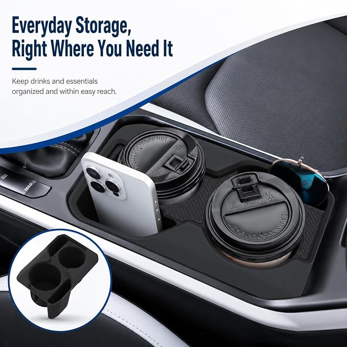 Center Console Cup Holder Insert for Kia K4 2025 2026, Soft Silicone Cup Holder Organizer Tray, Dual Drink Slots, Anti-Slip Interior Storage Bin Accessories, Black