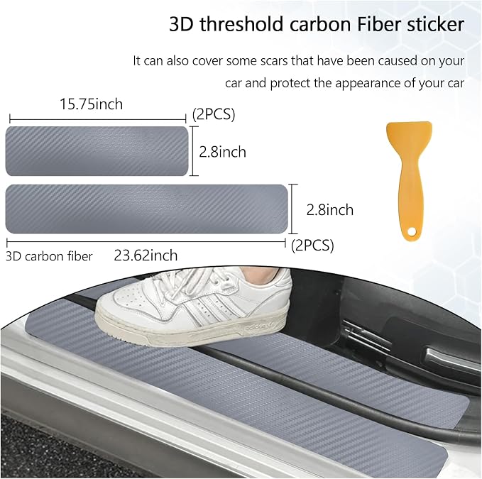 4 PCS Car Door Sill Protector, 3D Carbon Fiber Auto Door Entry Edge Guard Protection Trim, Anti-Scratch Threshold Cover Strips, Sill Protection Sticker for Car SUV Truck (Silver)