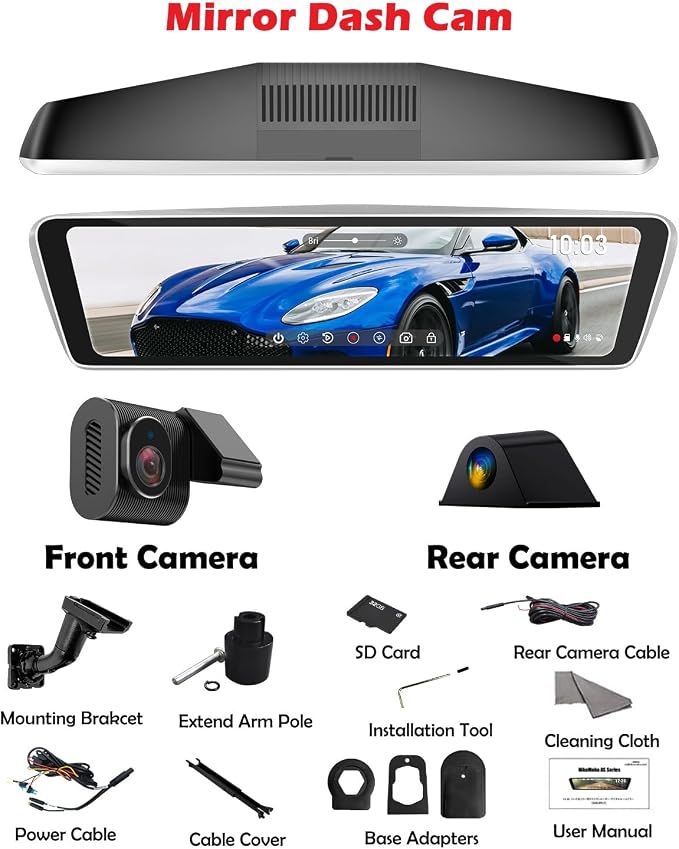 Real OEM Rear View Mirror Camera with Detached Front Lens, Mirror Dash Cam 10" Full Touch Screen for Car, 2K Zoom, IMX 307 HDR, STARVIS Night Vision, Built-in GPS, ASX II V2.0