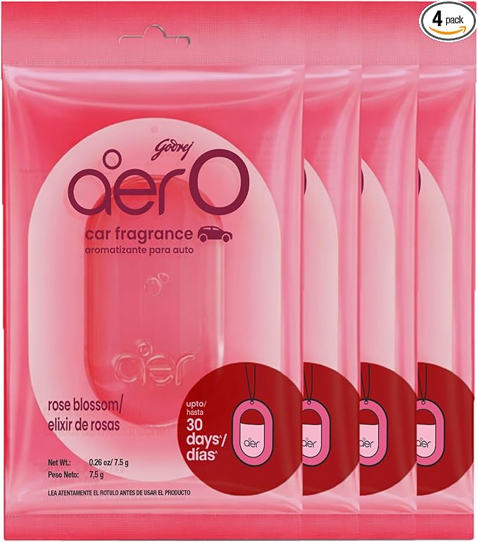 AER O Hanging Car Air Freshener Gel – Rose Blossom, Long Lasting 30 Days, Leak-Proof Odor Neutralizer, Rear-View Mirror Car Air Freshener with Steady Freshness Technology, Pack of 4