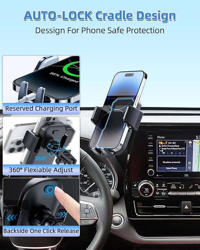 Car Phone Mount for 2020-2026 Toyota Highlander 8-inch Screen Accessories | L/LE/Hybrid XLE/Nightshade Auto Lock Car Phone Holder 360° Rotation Hands-Free Cradles Not Affect Vent (Not fit 12.3 '')