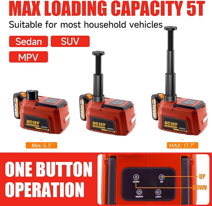 Electric Car Jack 5 Ton Cordless, 12V Battery Hydraulic Floor Jack with Remote Control, Tire Change Kit with Impact Wrench & LED Light, Portable Auto Lifting Tool for Roadside Emergency SUV RV