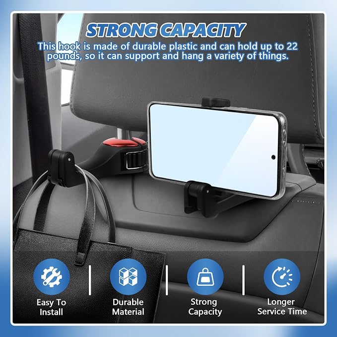 2PCS Car Headrest Hidden Hook, 2 in 1 Car Seat Hook with Phone Holder, Auto Back Seat Hanging Hook for Handbag Clothes Grocery, Universal Vehicle Purse Hooks Holder Organizer (Red)