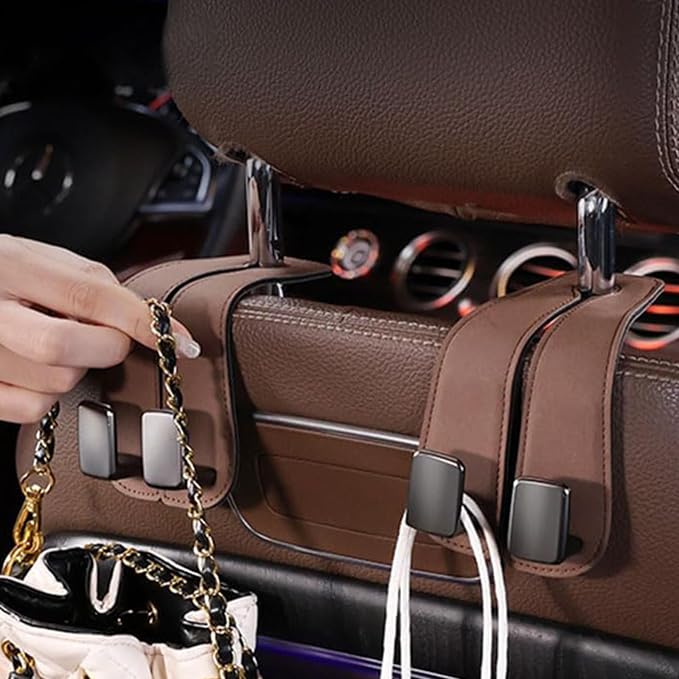 2 Pack Brown Leather Car Headrest Hooks Purse Bag Storage Holders for Car Seats