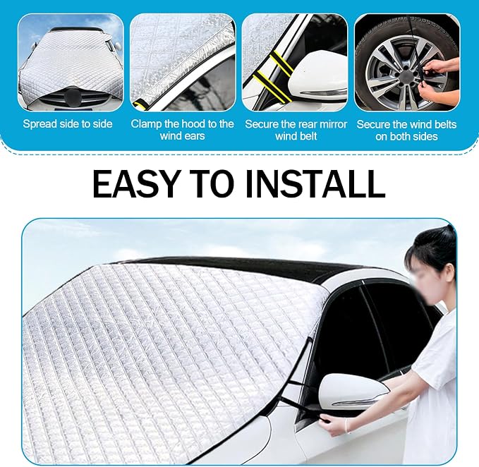 Car Front Windshield Snow Cover for Ice and Snow, Windshield Engine Hood Rear-View Mirror Protection Heat Insulation Half Cover, Essential Winter Car Accessories, Universal for Most Cars (Silver)