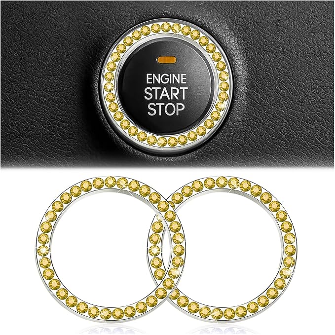 Bling Car Engine Start Ring Decals, 2PCS Crystal Rhinestone Vehicle Push Start Button Cover Sticker, Key Ignition Knob Ring, Sparkling Automotive Interior Accessories (Yellow)