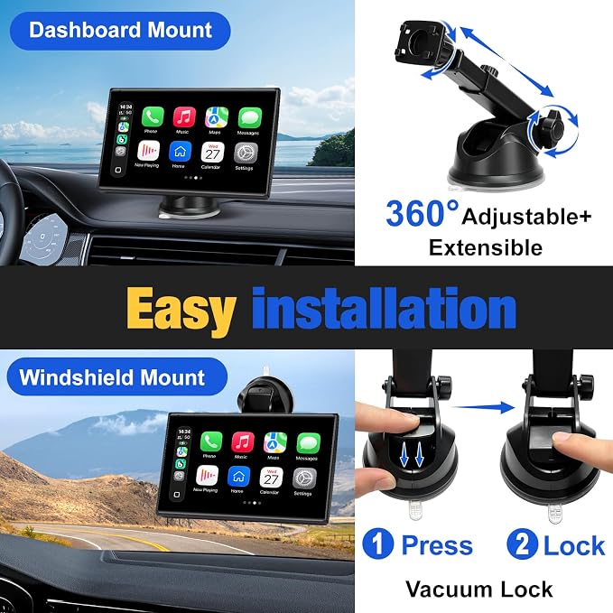 Carplay Screen for Car, 7 inch Wireless Carplay & Android Auto（Silver） | Portable Touchscreen car play with Mirror Link，Bluetooth，Voice Control，Map Navigation，FM Transmit，Plug-and-Play car stereo
