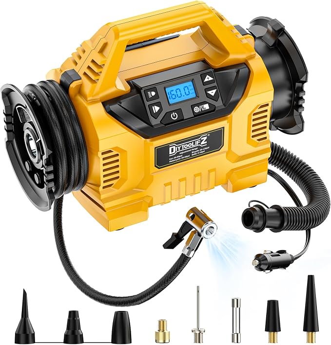 3X Faster Tire Inflator/Deflator Compatible with DeWalt 20V Battery, 160 PSI Cordless Air Compressor Pump with 12V Car Adapter, LCD Digital Gauge for Car, Air Mattresses (Tool Only)
