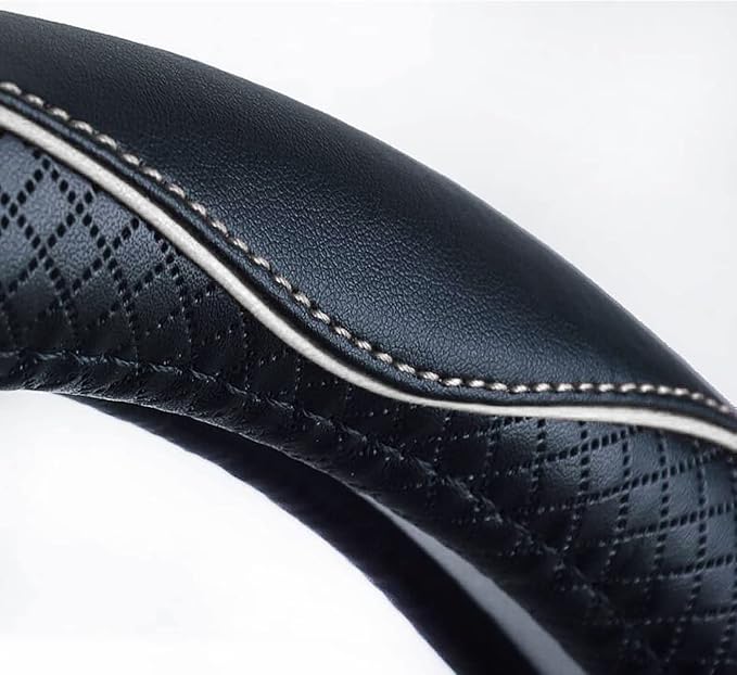 Steering Wheel Covers Universal 15 inch - Genuine Leather, Breathable, Anti Slip & Odor Free (White Line, M(14" 1/2-15" 1/4))