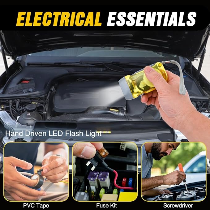 Car Emergency Kit with Jumper Cable, First Aid Kit Safety Assistance Tools for Travel Camping Outdoor Cars Truck SUV RV, Roadside Essentials with Flash Light