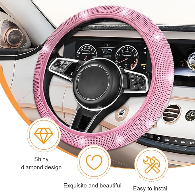 11PCS/Set Bling Car Accessories Set for Women, Rhinestone Vehicle Steering Wheel Cover Seat Belt Cushion Gear Shift Protector Cup Holder Coaster, Universal Automotive Accessories (All Pink)