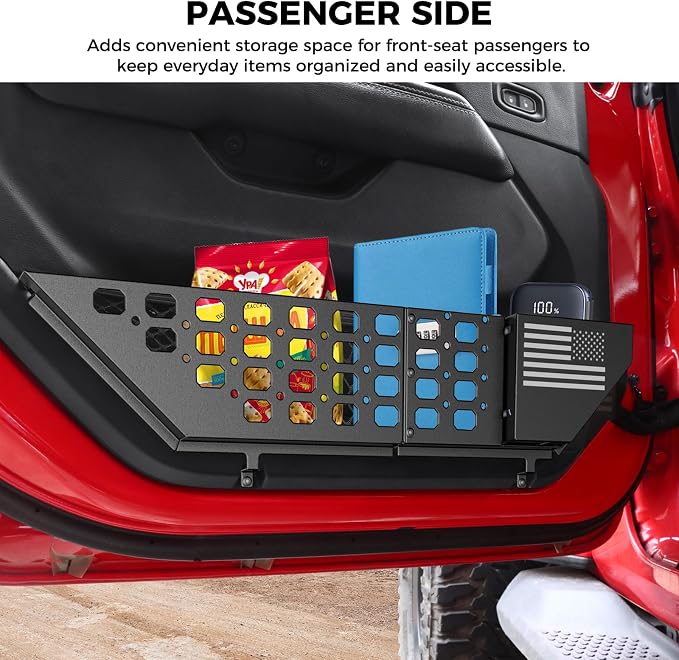 Metal Front Door Pocket Storage Box for Jeep Wrangler JL JLU 4XE 2018-2026 & Gladiator JT 2020-2025 2026 Accessories Adjustable Door Storage Organizer Molle Panels (Not for Power Seats), 2PCS