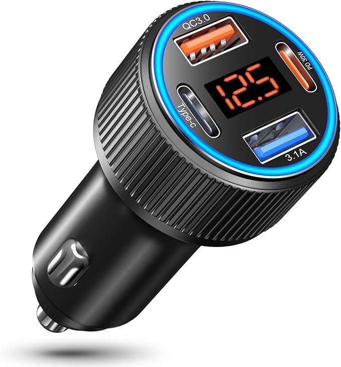 USB C Car Charger, 65W Dual USB-C & USB-A Multi Port Cigarette Lighter Adapter with Voltmeter QC/PD 3.0 Fast Charging 12V Car Phone Charger for iPhone 17 16 15 14 13 12 Pro Max Samsung(Black)