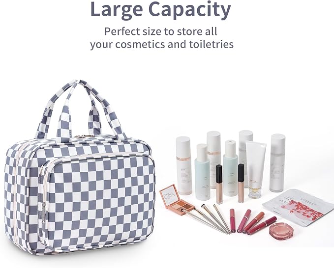 Hanging Toiletry Bag for Women Travel Makeup Bag Organizer Toiletries Bag for Travel Size Essentials Accessories Cosmetics (Grayish Blue Checkerboard (Medium))