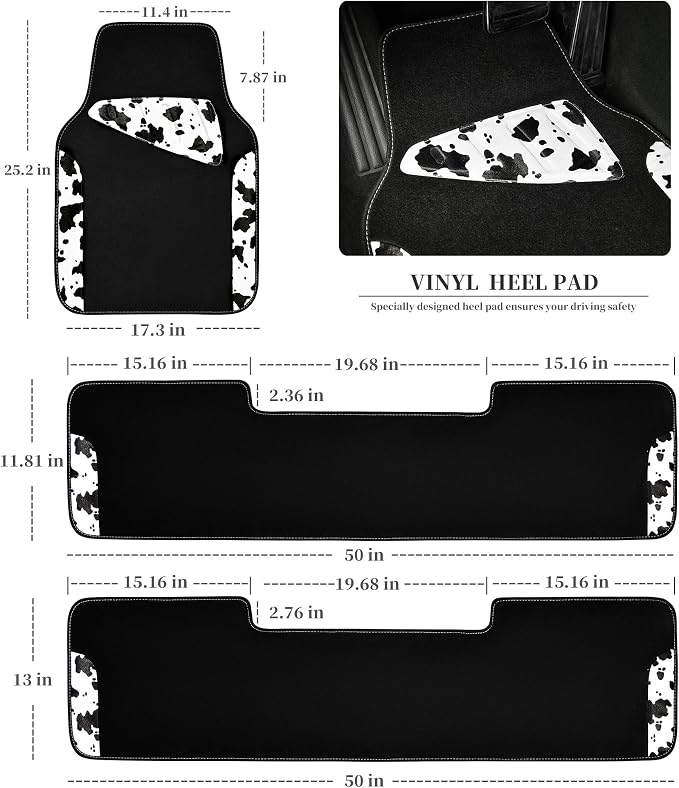 Waterproof Universal 3 Row Car Floor Mats, Cow Print Car Mats Fit for SUV,Vans,sedans, Trucks,Set of 3 Row Vehicles Car Carpet with Heel Pad and Nibs Backing, Cute Women Girly (Black White)