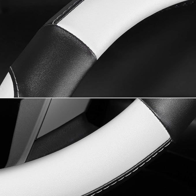 Car Steering Wheel Cover Small Size for Prius Civic Model 3 Model Y Camaro Rogue with 14-14 1/4 inches Outer Diameter, Black and White Mirofiber Leather