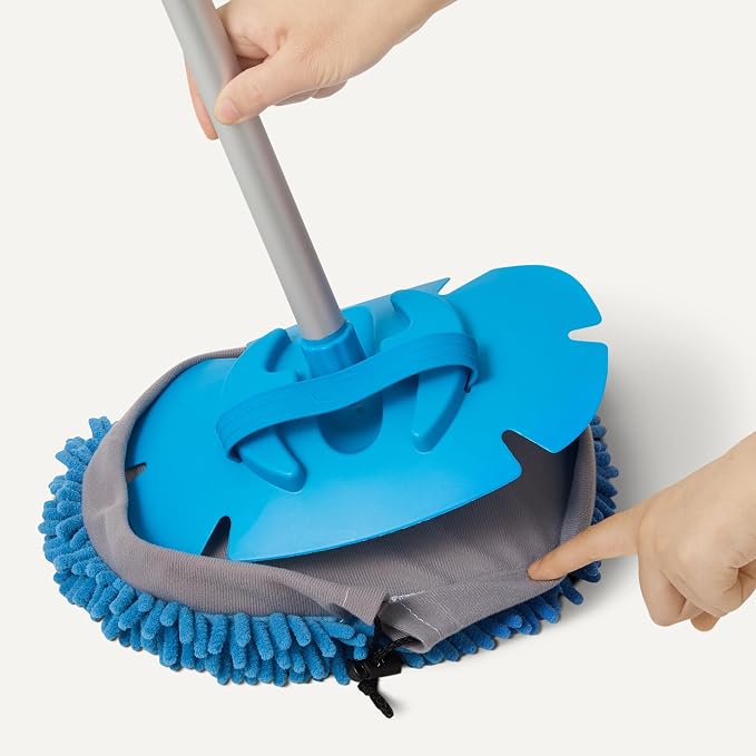 Car Wash Brush with Long Handle, Scratch-Free Microfiber Mop Mitt, Swivel Head, Detachable Head, Extends to 62 inches with 4 Poles, for Car RV Truck, Blue