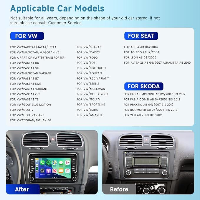 [Type-C+USB] 4G+64G Car Radio for VW Jetta Seat Passat Tiguan Golf Skoda with Wireless Carplay/Android Auto, 7 Inch IPS Touch Screen Car Stereo with Android 13 DSP Audio GPS WiFi Bluetooth