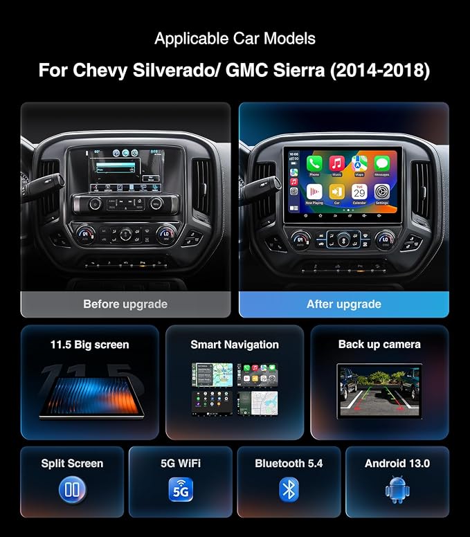 11.5" 8core 4G+64G Car Radio for GMC Sierra Chevy Silverado 2014-2018 | 5G WiFi 6 Bluetooth 5.4 Carplay/Android Auto/GPS/AM FM Radio/1080P SWC/Backup Camera Upgrade Stereo Head Unit Replacement