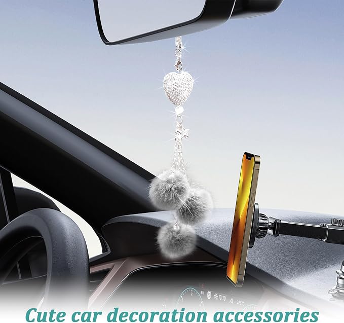 Bling Diamond Heart Car Interior Accessories, Mirror Hanging Ornament for Women, Love Heart & Pink Plush Ball Decor Ornament Pendant, Hanging Decoration Charm (Grey)