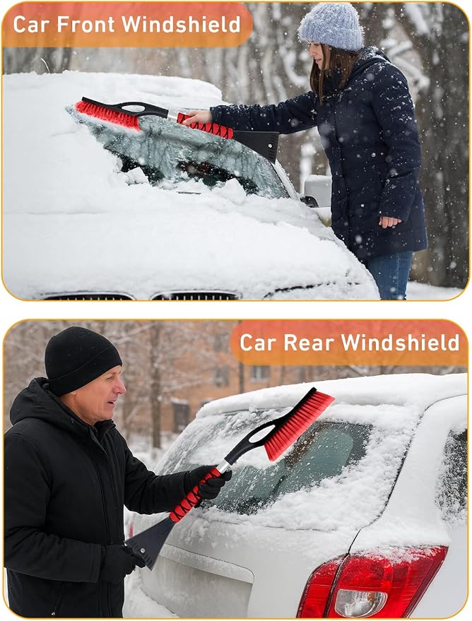 27" Car Snow Brush and Ice Scrapers for Car Windshield (Red- 2 Pack) | Scratch Free Bristle Head Snow Brush & Tough Window Snow Scraper with Aluminium Body