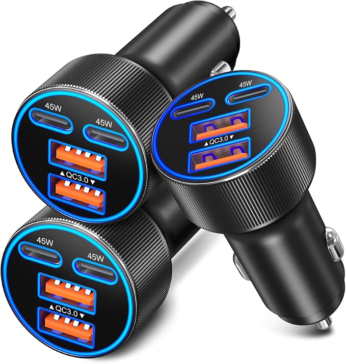 USB C Car Charger, 3 Pack 90W 4-Port Dual 45W Super Fast Car Phone Charger PD/QC 3.0 Fast Charging 12V Cigarette Lighter Adapter Plug for iPhone 17 16e 15 14 Pro Max, Galaxy S26 S25, Android