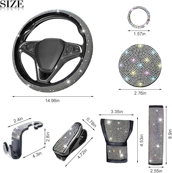 11PCS/Set Bling Car Accessories Set for Women, Rhinestone Vehicle Steering Wheel Cover Seat Belt Cushion Gear Shift Protector Cup Holder Coaster, Universal Automotive Accessories (Multicolor)