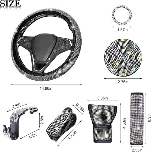 11PCS/Set Bling Car Accessories Set for Women, Rhinestone Vehicle Steering Wheel Cover Seat Belt Cushion Gear Shift Protector Cup Holder Coaster, Universal Automotive Accessories (Multicolor)
