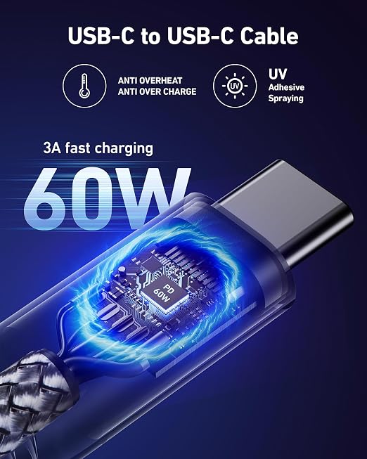 Short USBC to USBC Cable 3FT, 60W USB Type C Fast Charging Cable for Car, Durable iPhone USB C Charger Cable USB C Cord for iPhone 17/16/15/Pro Max/Plus, Samsung Galaxy and More-2Pack