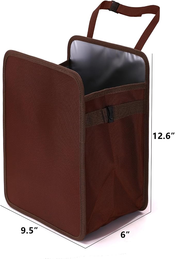 3 Gallons Open-Top Car Trash Can, Large Capacity Hanging Car Trash Bag with Water-Proof PEVA Liner, Stand Car Trash Bag Foldable Car Storage Bag for Cars SUV Truck (Brown)