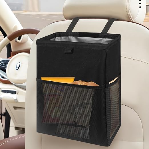 Hanging Car Trash Can with 4 Storage Pockets, Waterproof Leakproof Oxford Auto Garbage Bag, Adjustable Garbage Bag, Foldable Car Trash Bin Fit for Truck, SUV, Home, Office