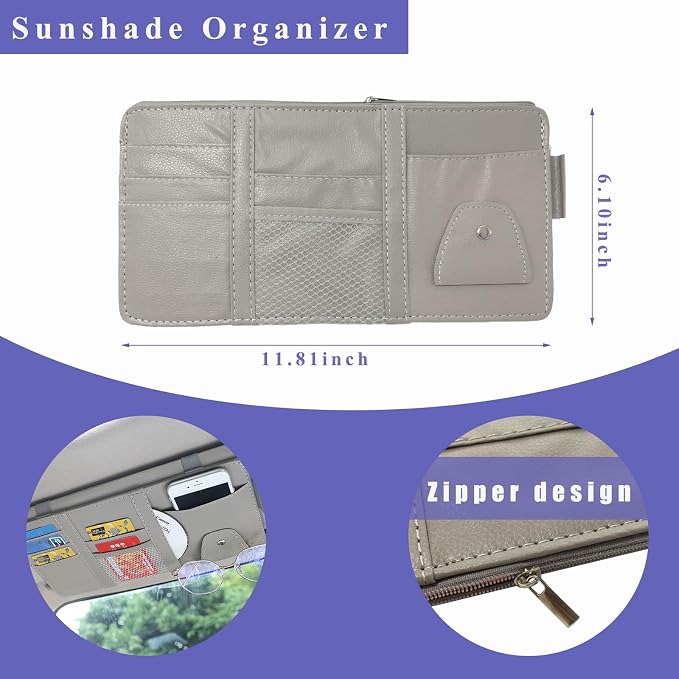 Car Sun Visor Organizer, Leather Multi-Pocket Auto Visor Storage Pocket Pouch Holder with Zipper, Vehicle Interior Accessories for Car Truck SUV Sun Visor Case Bag (Gray)