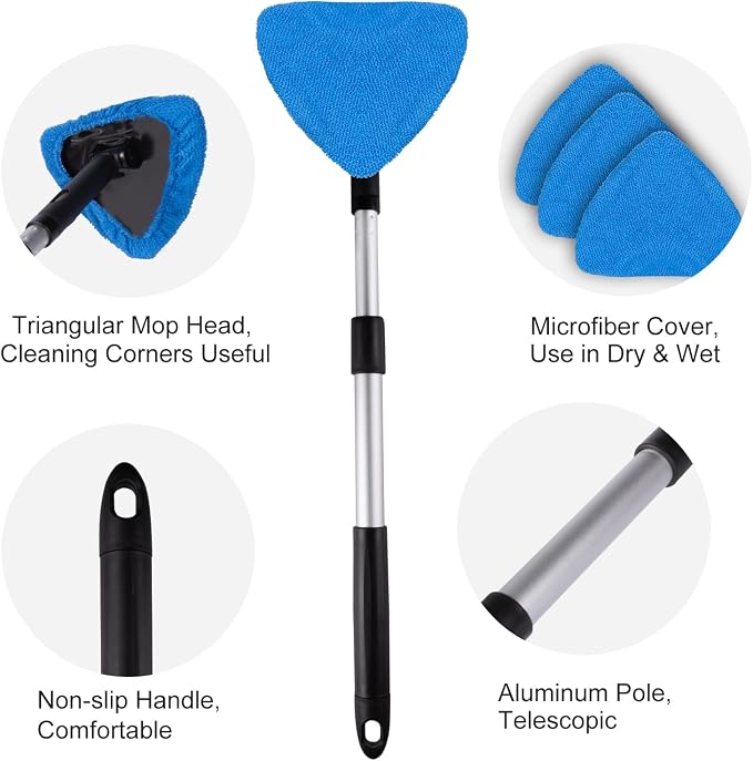 All-in-One Car Windshield Cleaner Kit | Extendable Tool with 3 Reusable Microfiber Pads & Spray Bottle for Interior & Exterior Window Cleaning on Cars, SUVs, Trucks