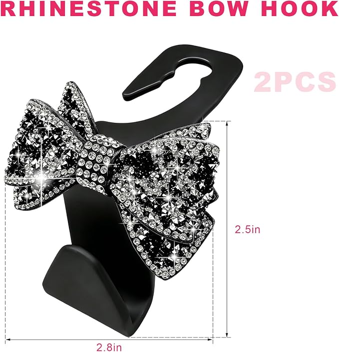 2PCS Bling Bow Car Seat Headrest Hooks, S-Type Crystal Auto Rear Seat Organizer for Handbags Purses Groceries, Cute Rhinestone Bow Seats Back Storage Hook for SUV Truck Sedan (Black)