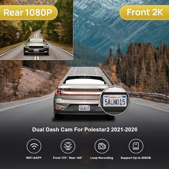 Front 2K+Rear 1080P Dash Cam for 2021-2026 Polestar 2 Plus Peformance Launch Edition, OEM Style, 2 Channel HD Video, Built-in WiFi & APP, Loop Recording, G-Sensor, Easy to Use, 64GB Card