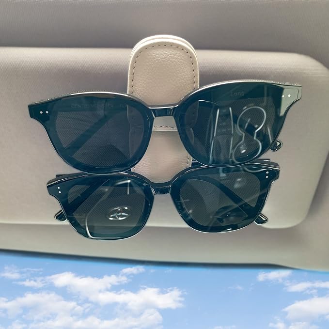Sunglass Holder for Car Visor Clip, Magnetic Leather Eyeglass Hanger Clip for Car, Square Car Visor Accessories (White)