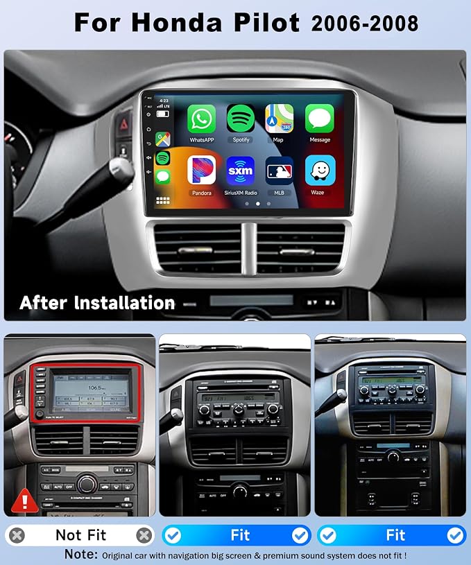 Car Stereo for Honda Pilot 2006 2007 2008[8Core 6+128G]Wireless Carplay Android Auto,9 inch IPS Touch Screen Radio, Android13/GPS/WiFi/32EQ DSP/59UI/Bluetooth5.0/SWC/Backup Camera&Mic for Pilot Radio