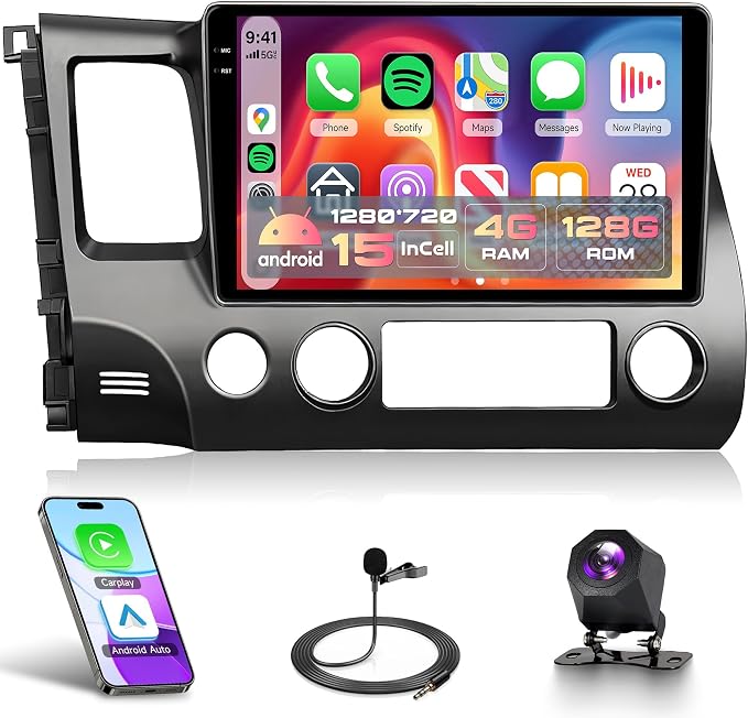 4G 128G Android Car Stereo for Honda Civic 2006-2011, Wireless CarPlay & Android Auto, 5GHz WiFi GPS, 10.1'' Touchscreen, Bluetooth/FM/RDS, EQ, SWC + AHD Backup Camera