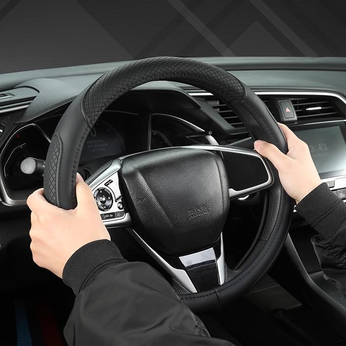 Customized Auto Car Steering Wheel Cover for Honda Accord Civic CR-V HR-V Pilot Fit Passport Odyssey 14.5-15inch(Black-Standard Size)